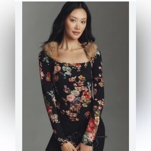 NWT. Retail $118. Size M. Anthro /Maeve Black Floral Top with Faux Fur Collar